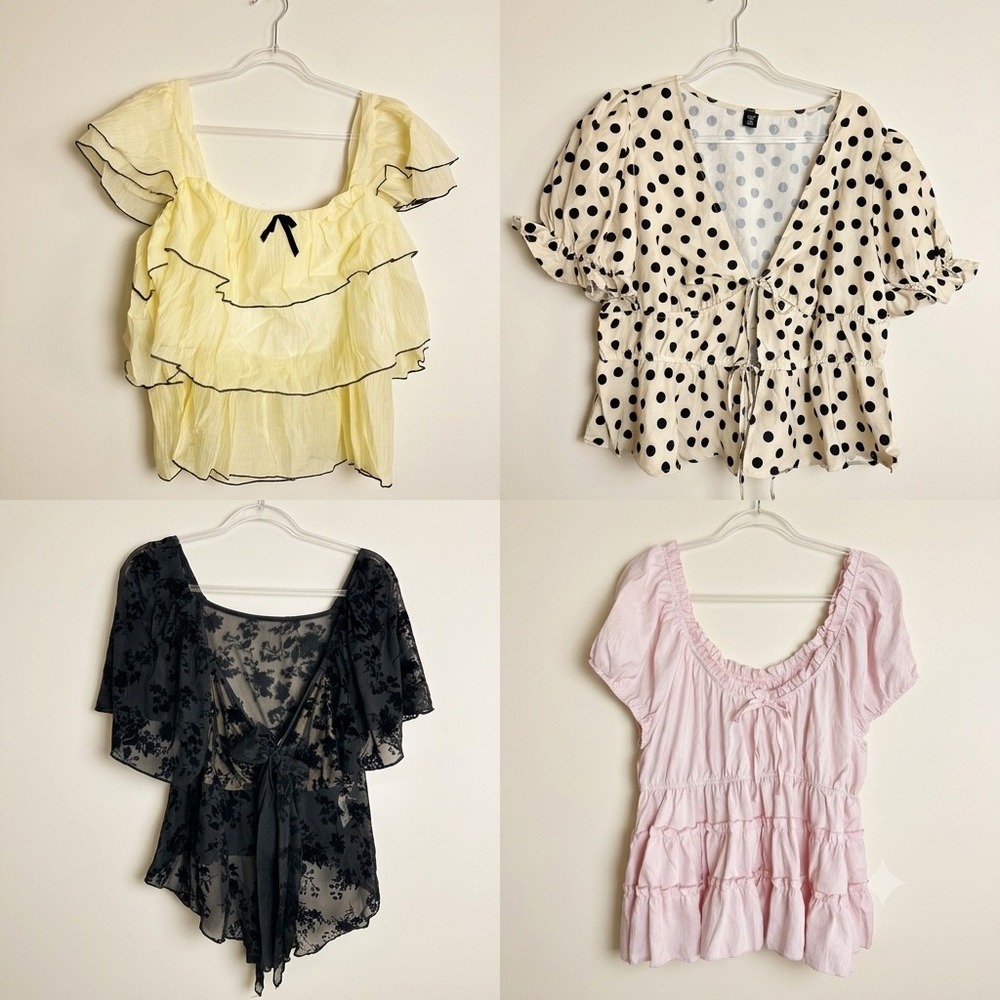 Shein Curve Womens 2XL Top Bundle 4pc Polka Dot Floral Ruffle Pink Yellow Black